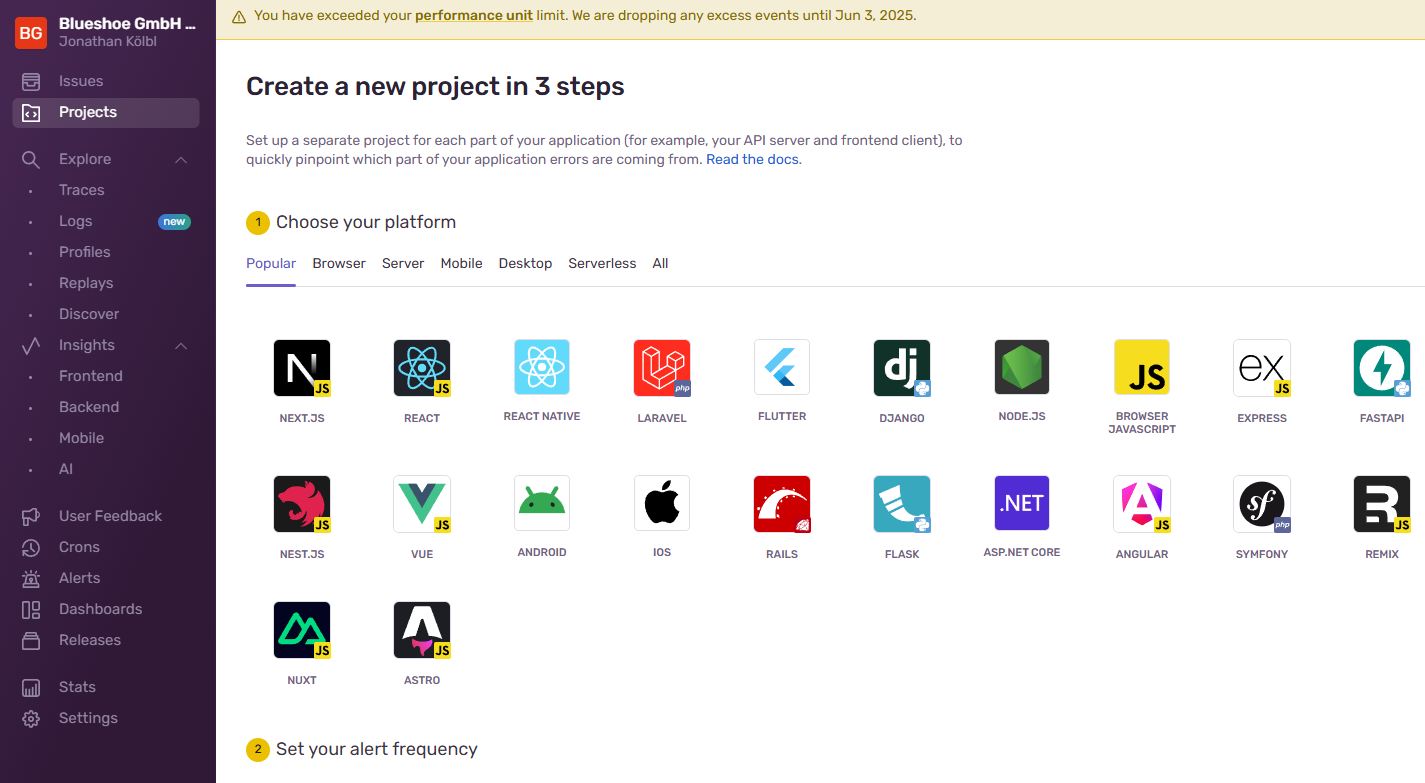 Sentry: Projekt erstellen